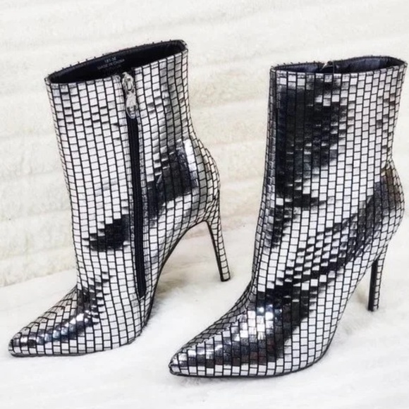 Mack J Shiny Silver Tile Print 4.5" High Heel Ankle Boots - Picture 1 of 9
